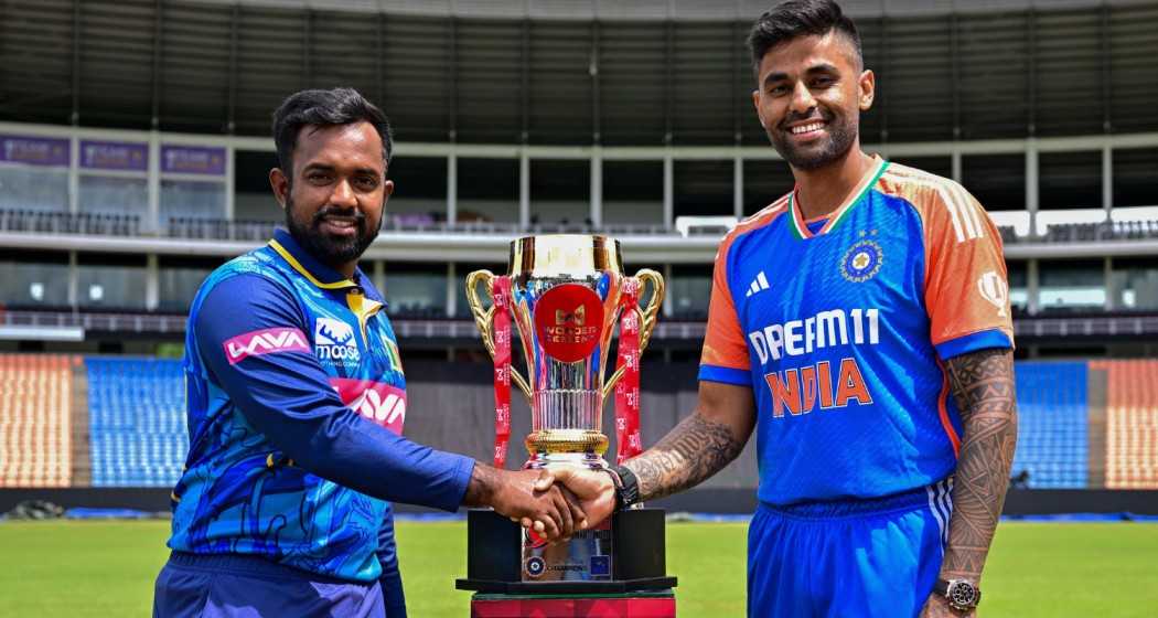 Sri Lankan captain Charith Asalanka with Indian captain Suryakumar Yadav.