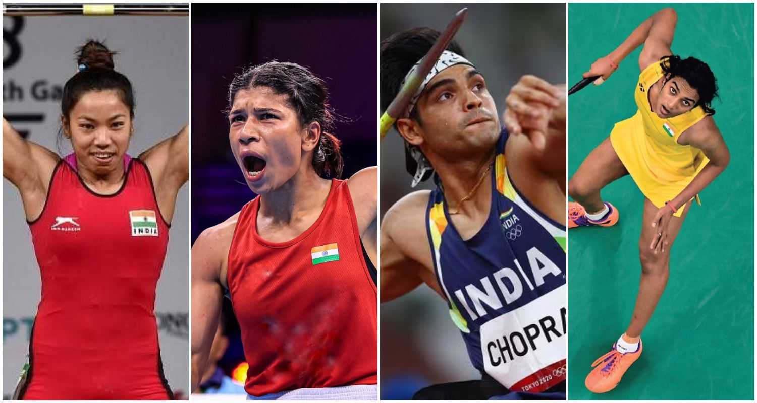 (From left to right) Indian weightlifter Mirabai Chanu, Boxer Nikhat Zareen, Indian Olympic gold winner Neeraj Chopra in Men's Javelin Throw, Shuttler PV Sindhu.