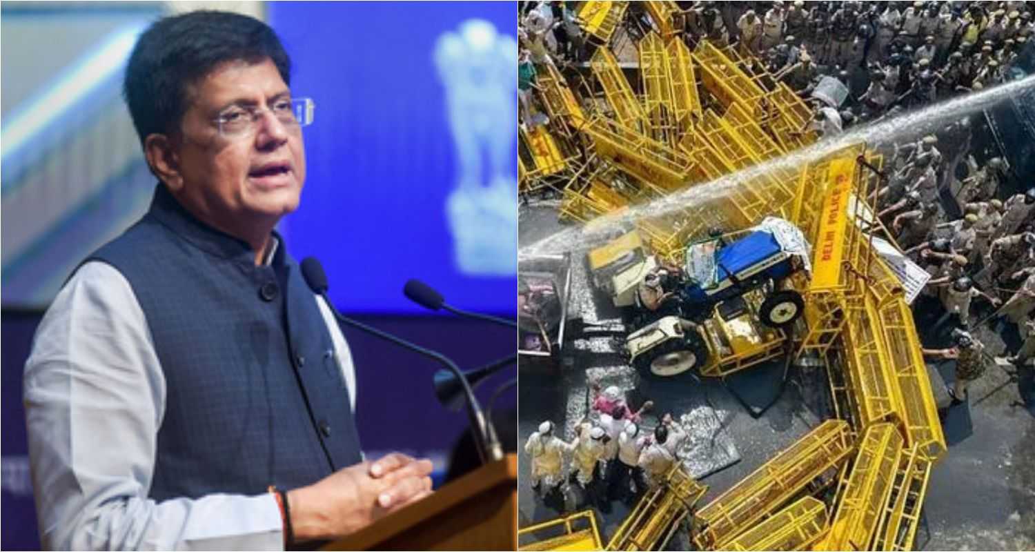 Minister of Commerce & Industry, Consumer Affairs & Food & Public Distribution and Textiles, Piyush Goyal (left). Police use water cannons to disperse farmers protesting at Delhi-UP border during 'Kisan Kranti Padyatra' in New Delhi (right).