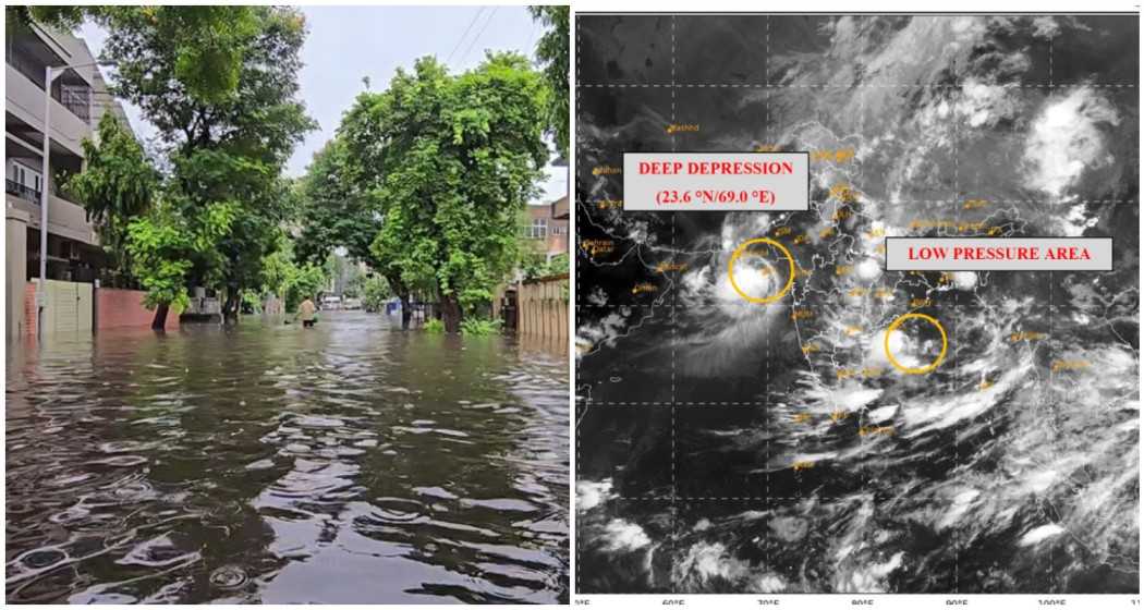 A scene from flood-hit Gujarat (L). IMD satellite images show potential cloud formation over the Arabian Sea (R).