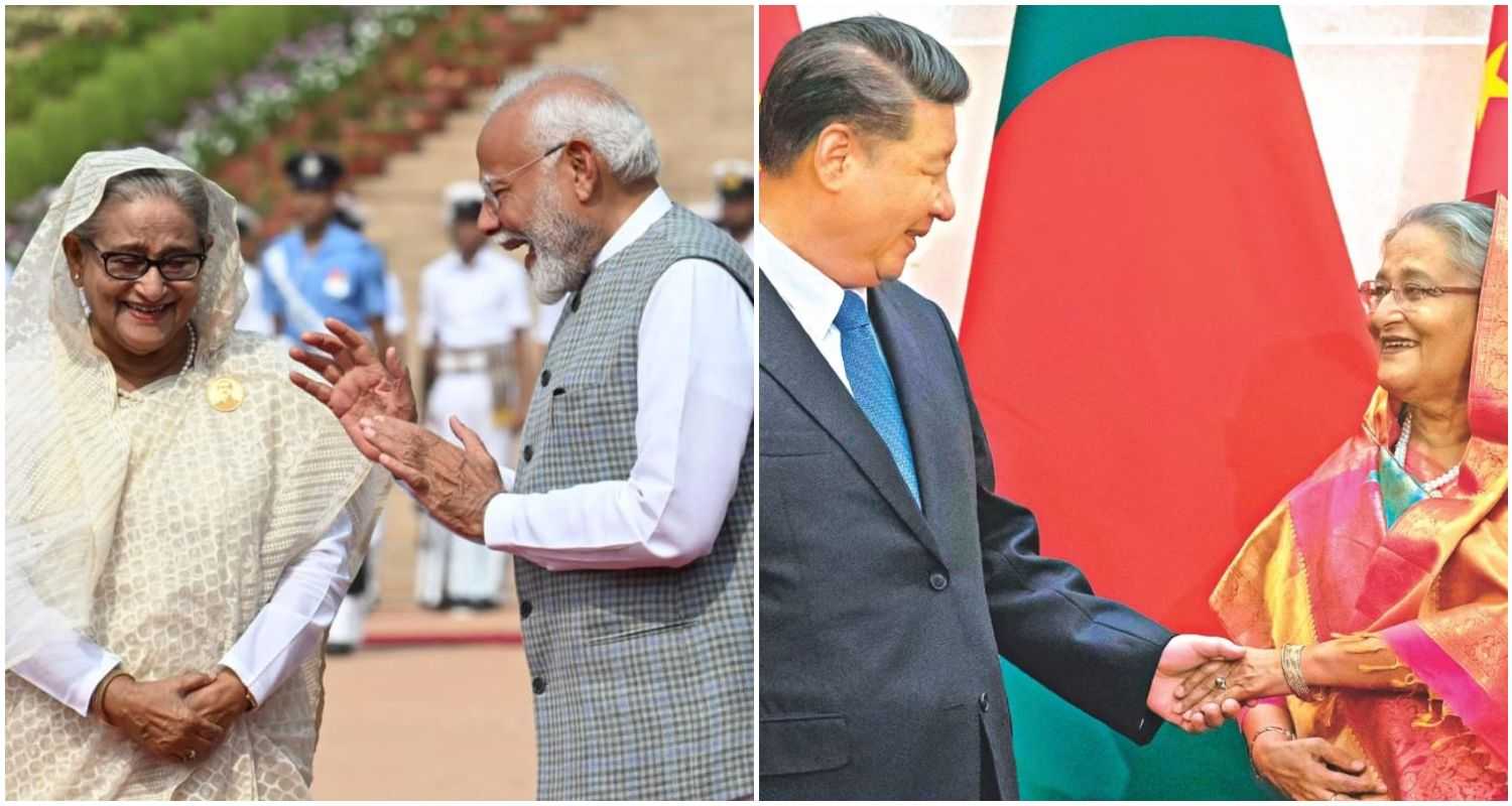 Bangladesh's Prime Minister Sheikh Hasina with Indian Prime Minister Narendra Modi (L), PM Hasina with President of the People's Republic of China Xi Jinping (R).