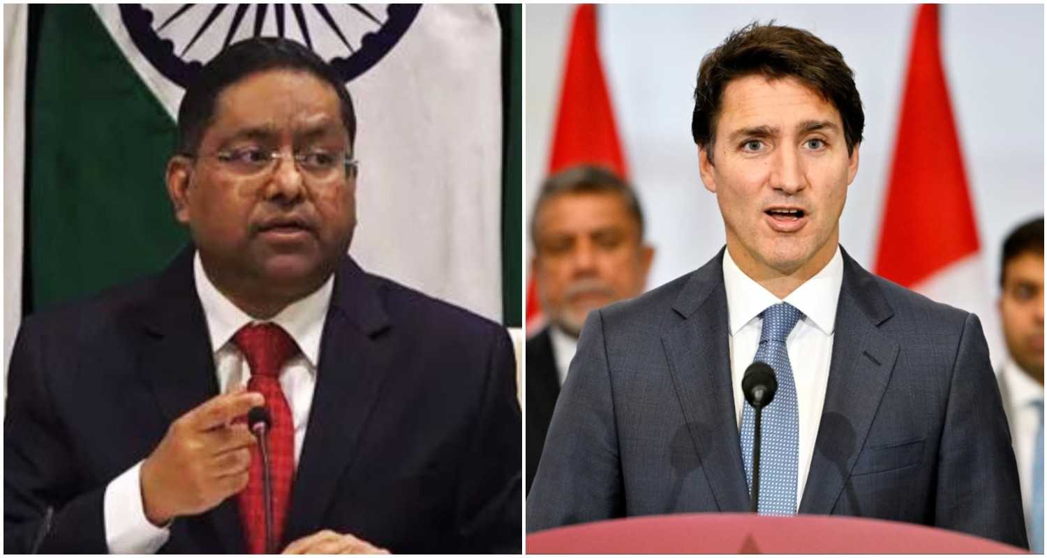 External Affairs Ministry spokesperson Randhir Jaiswal (L), Prime Minister of Canada Justin Trudeau (R).