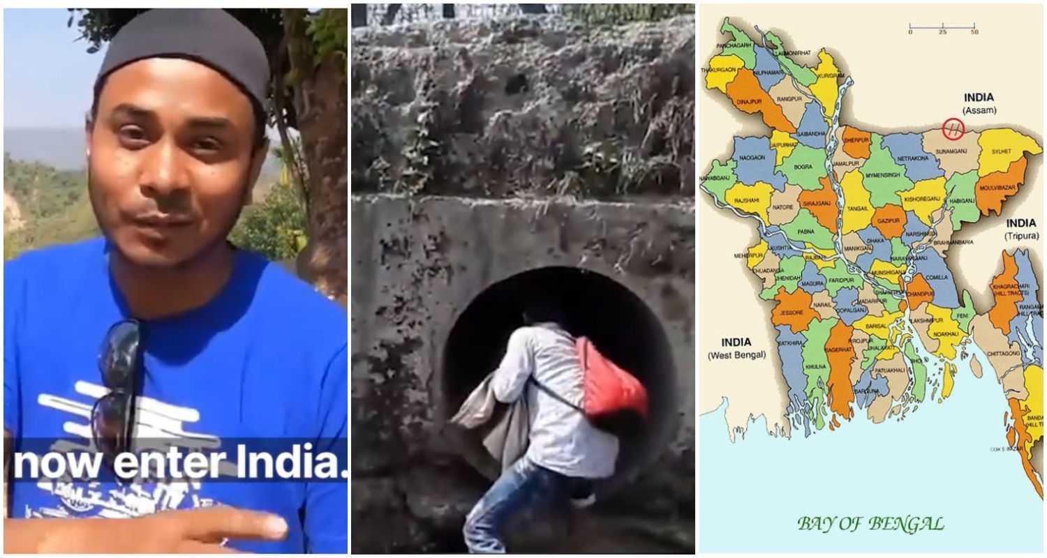 Bangladeshi YouTuber (L) explains to viewers how to illegally enter India through the border area shown in right.