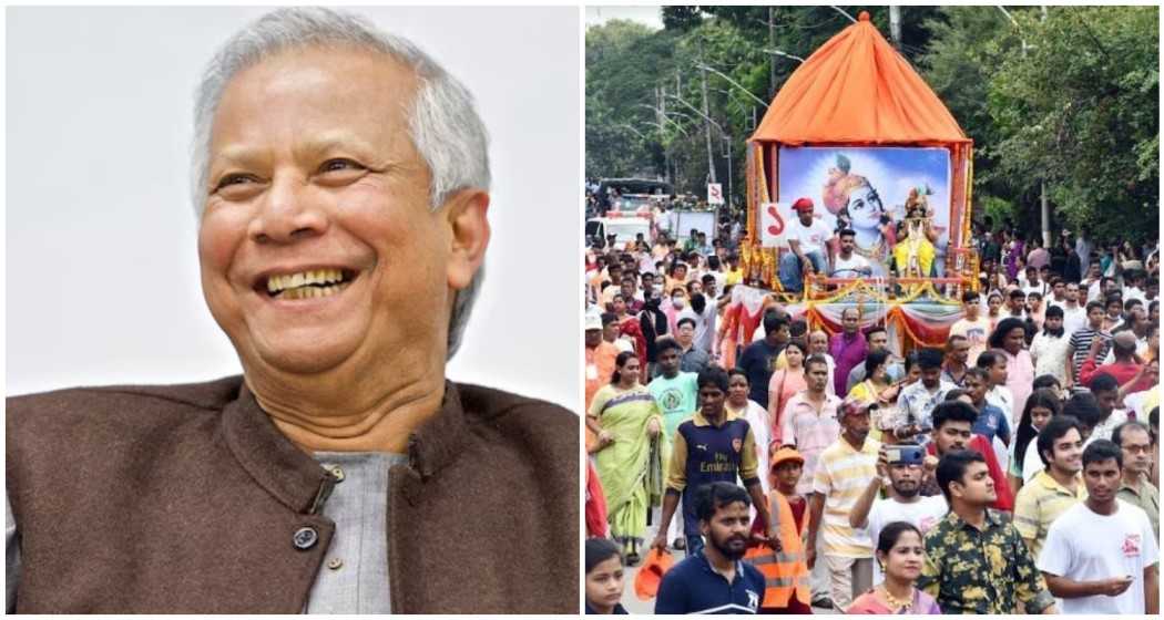 File photos of Bangladesh's interim government chief, Muhammad Yunus (L), Janmashtami celebrations in Dhaka (R).