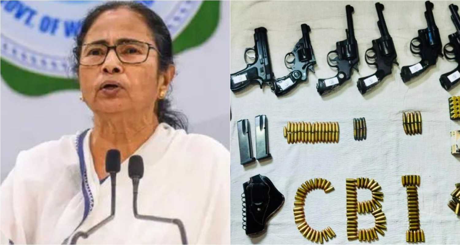 TMC Supremo Mamata Banerjee (L), the arms and ammunition recovered by the CBI during a raid in Sandeshkhali, West Bengal (R).