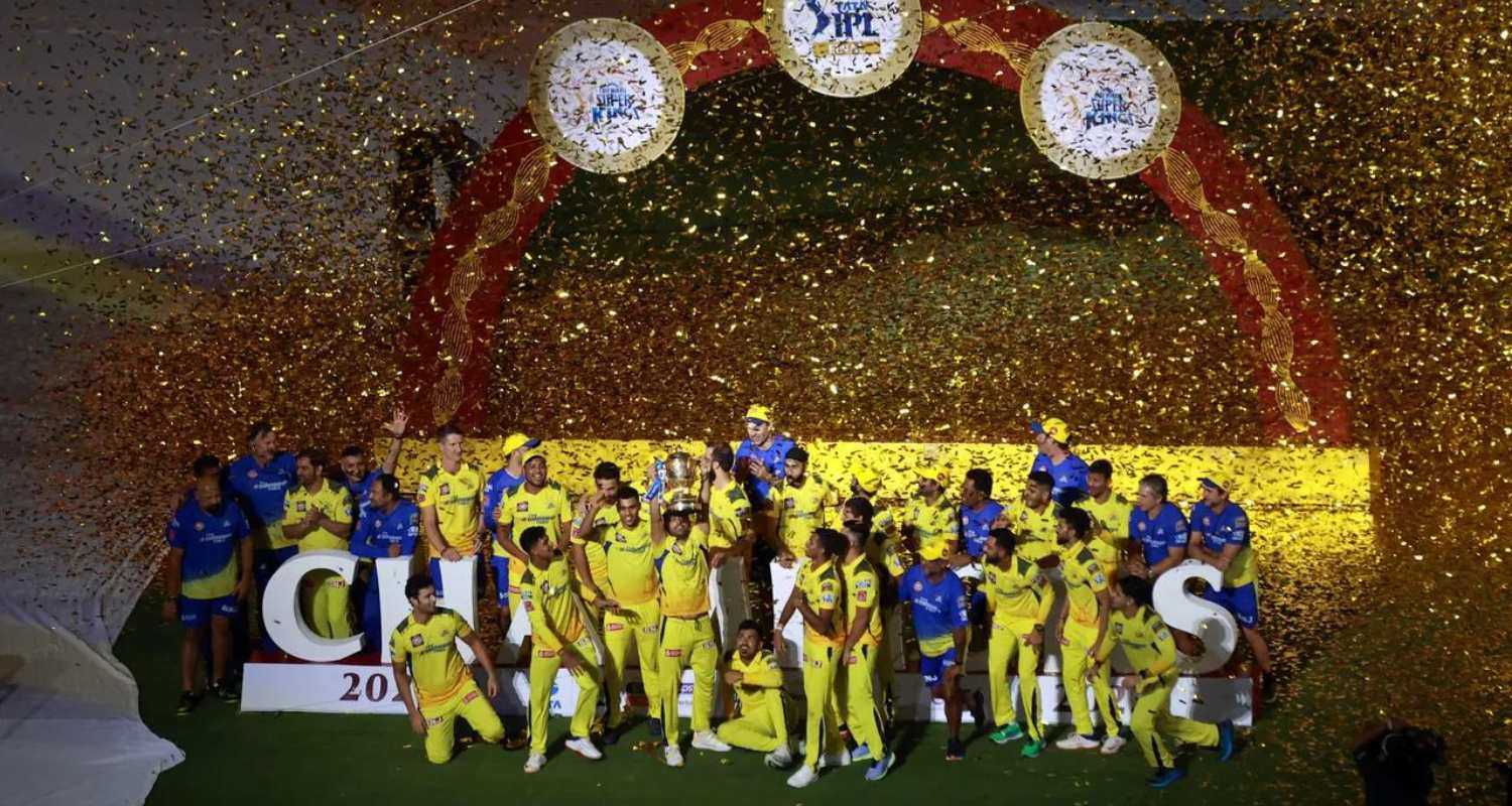 Chennai Super Kings celebrating victory in the 2023 IPL final against Gujarat Titans