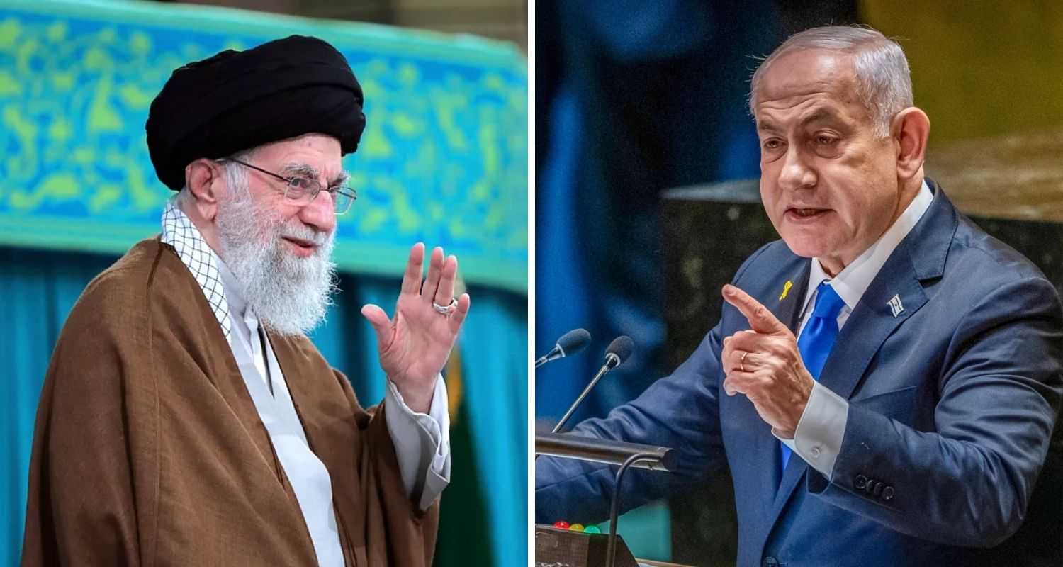 Left: Iranian supreme leader Ayatollah Ali Khamenei at a public event in Tehran. Right: Israeli Prime Minister Benjamin Netanyahu speaking at the United Nations.