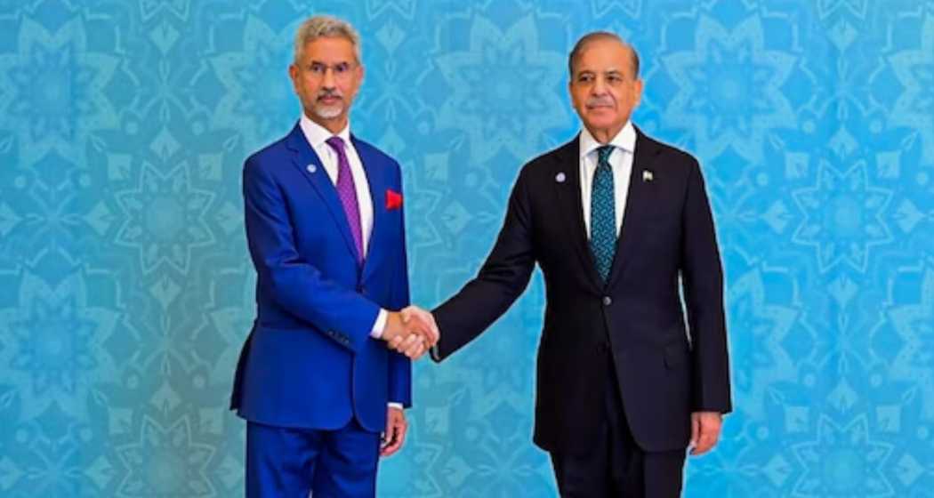 External Affairs Minister S Jaishankar shakes hands with Pakistan Prime Minister Shehbaz Sharif at the 23rd meeting of the SCO Council of Heads of Government, in Islamabad.