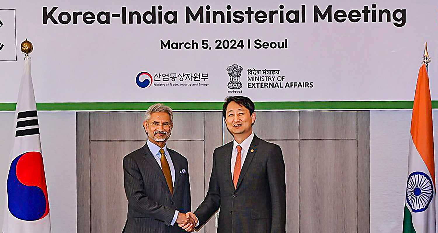 External Affairs Minister S Jaishankar on Tuesday called on South Korean Prime Minister Han Duck-soo and discussed with him ways to further enhance bilateral ties.