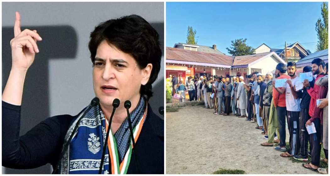 Congress leader Priyanka Gandhi (L). Pulwama: Voters stand in a queue to cast their votes during the first phase of Jammu and Kashmir Assembly elections, in Pulwama district (R). 