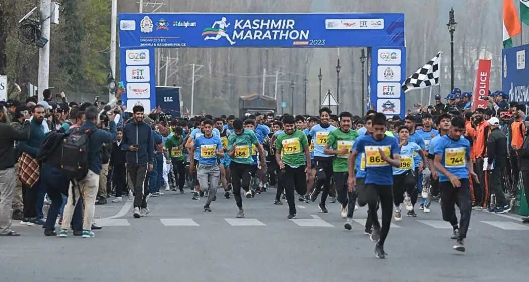 Runners in action during the 2023 Kashmir Marathon in Srinagar.