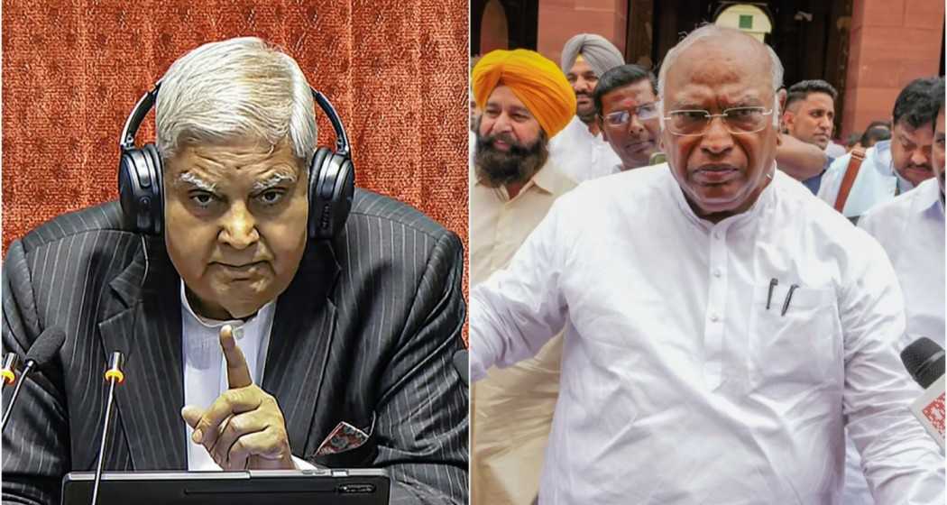 Rajya Sabha Chairperson Jagdeep Dhankhar (L), Senior Congress leader Mallikarjun Kharge (R).