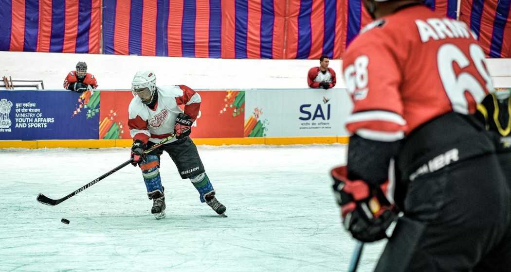 Ice hockey players in action during the Khelo India Winter Games, 2024.