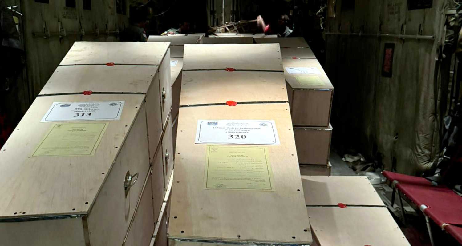 Mortal remains of 45 Indian victims of the recent fire incident aboard a special IAF aircraft before leaving for India.