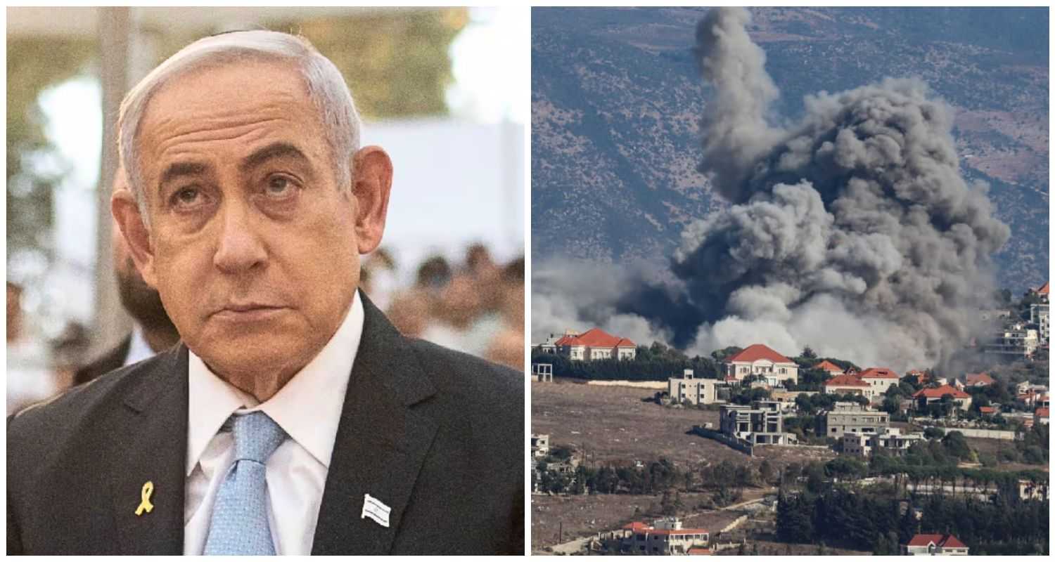 Israeli Prime Minister Benjamin Netanyahu (L), an Israeli strike on Lebanon (R).