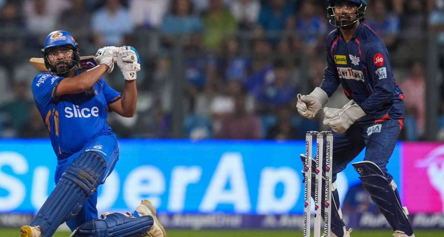 MI batsman Rohit Sharma plays a shot during the match.LSG end bleak season with 18-run win over MI