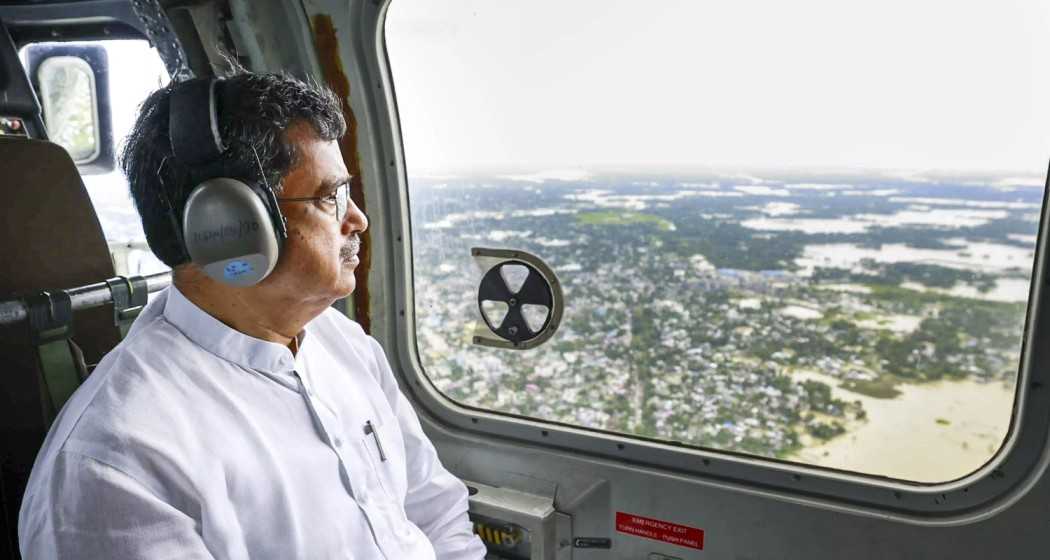 Tripura Chief Minister Manik Saha takes stock of the flood situation in Tripura from a helicopter.