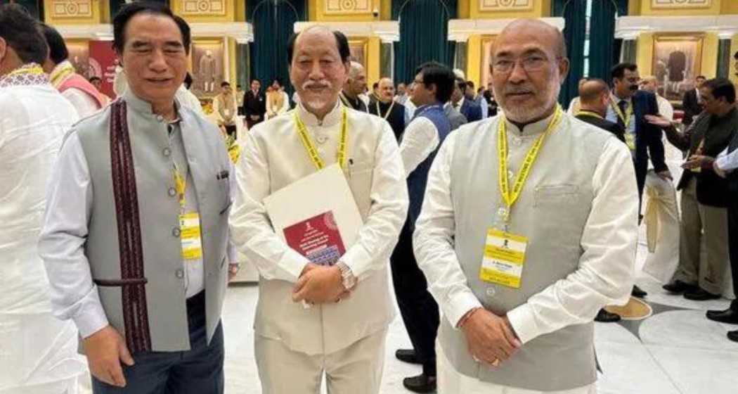 (From left to right) Mizoram CM Lalduhoma, Nagaland CM Neiphiu Rio, and Manipur CM N Biren Singh at the 9th Governing Council Meeting of NITI Aayog in New Delhi on July 27.