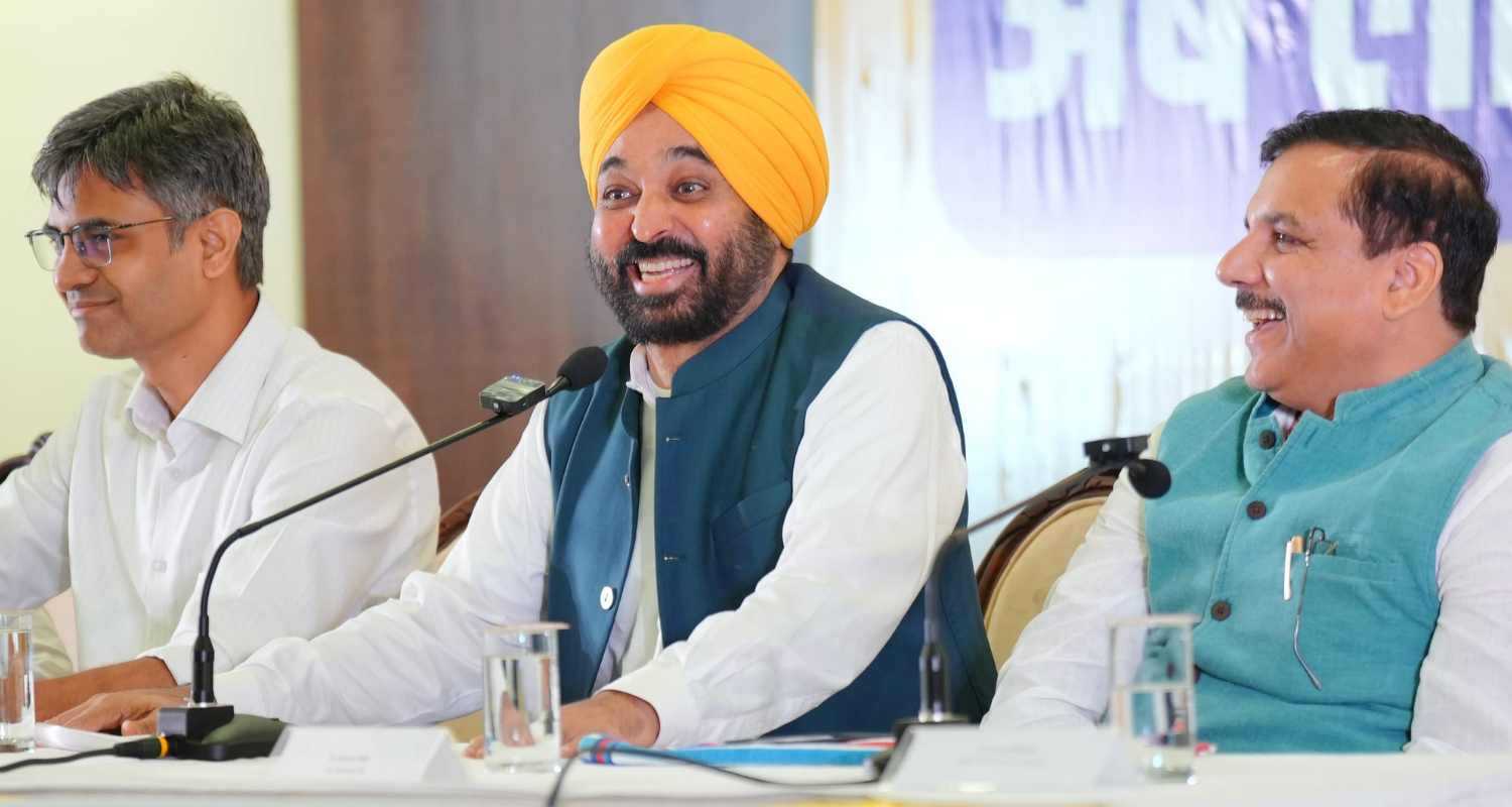 Punjab Chief Minister Bhagwant Mann along with AAP leaders Sanjay Singh and Sandeep Pathak addresses a press conference, in Chandigarh.