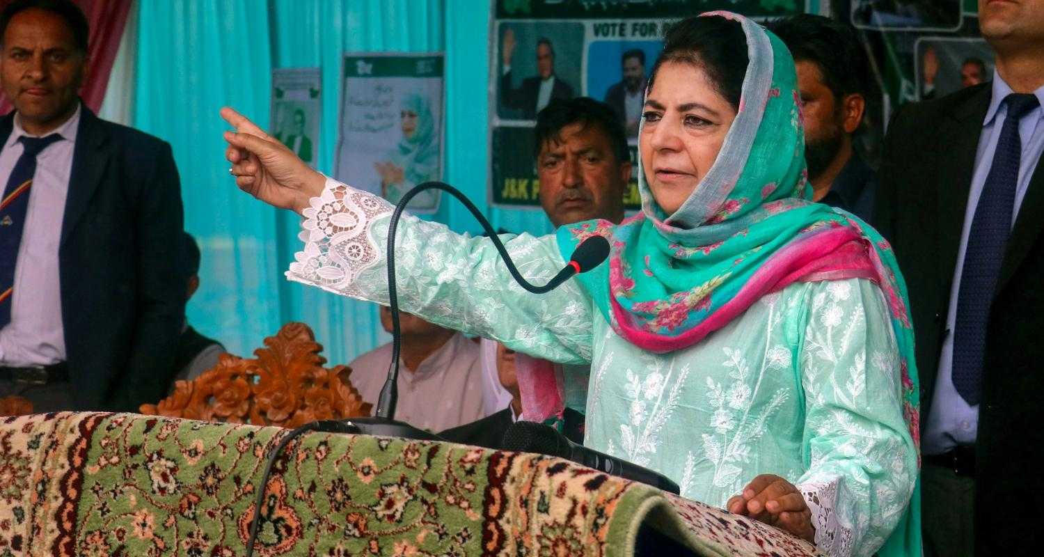 PDP Chief Mehbooba addressing a rally. PTI photo.