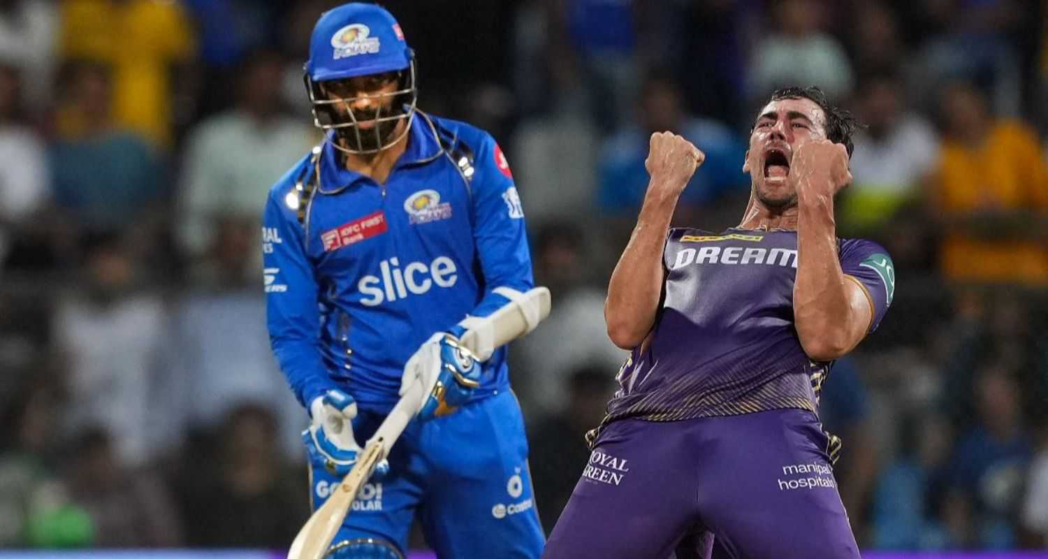 Kolkata Knight Riders player Mitchell Starc celebrates the wicket of Mumbai Indians player Gerald Coetzee during the IPL match between Kolkata Knight Riders and Mumbai Indians, at Wankhede Stadium in Mumbai on Friday, May 3, 2024.