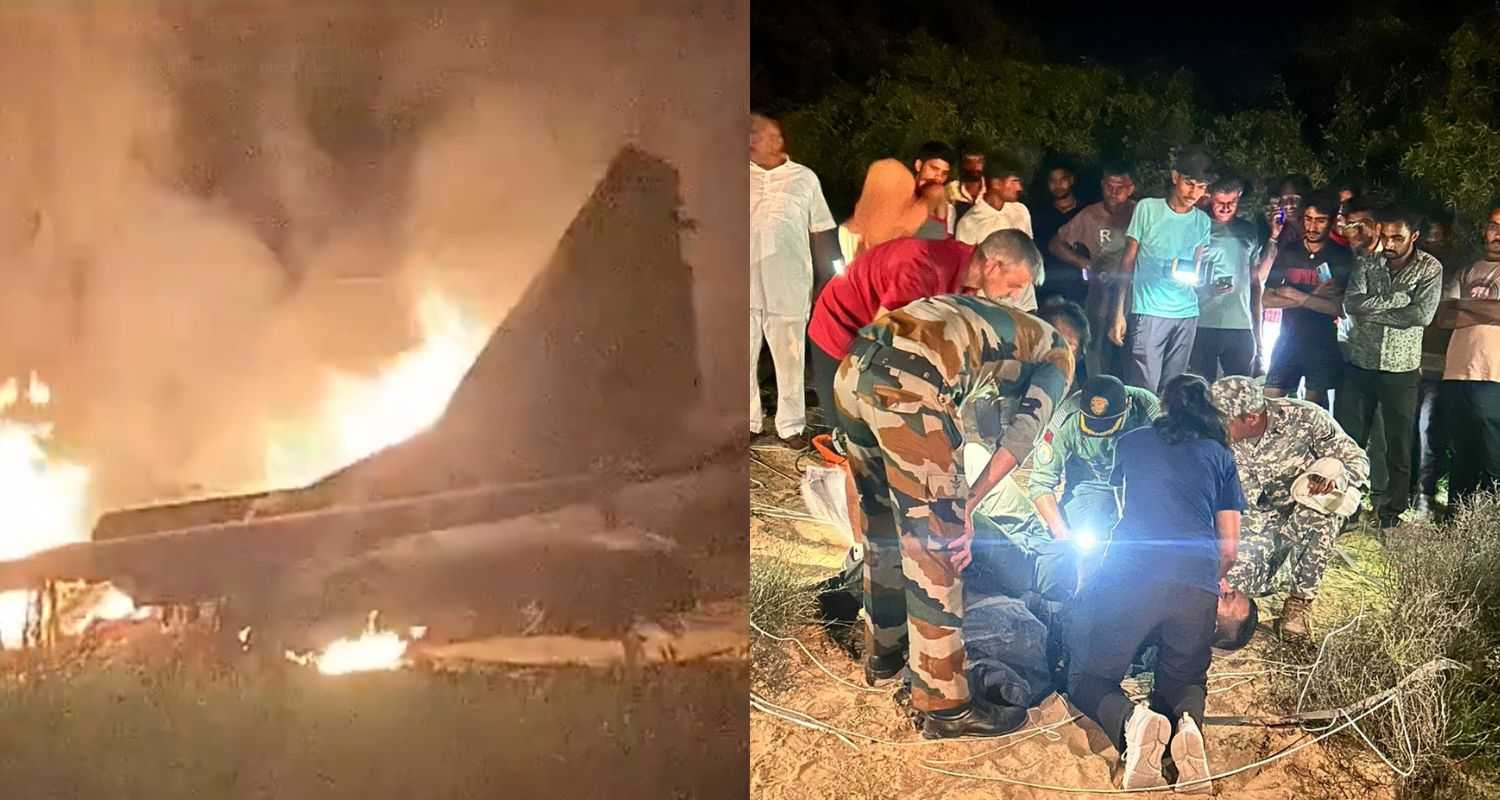 Left: A screengrab from a video of the burning aircraft. Right: Locals and rescue personnel gathered around the ejected pilot.