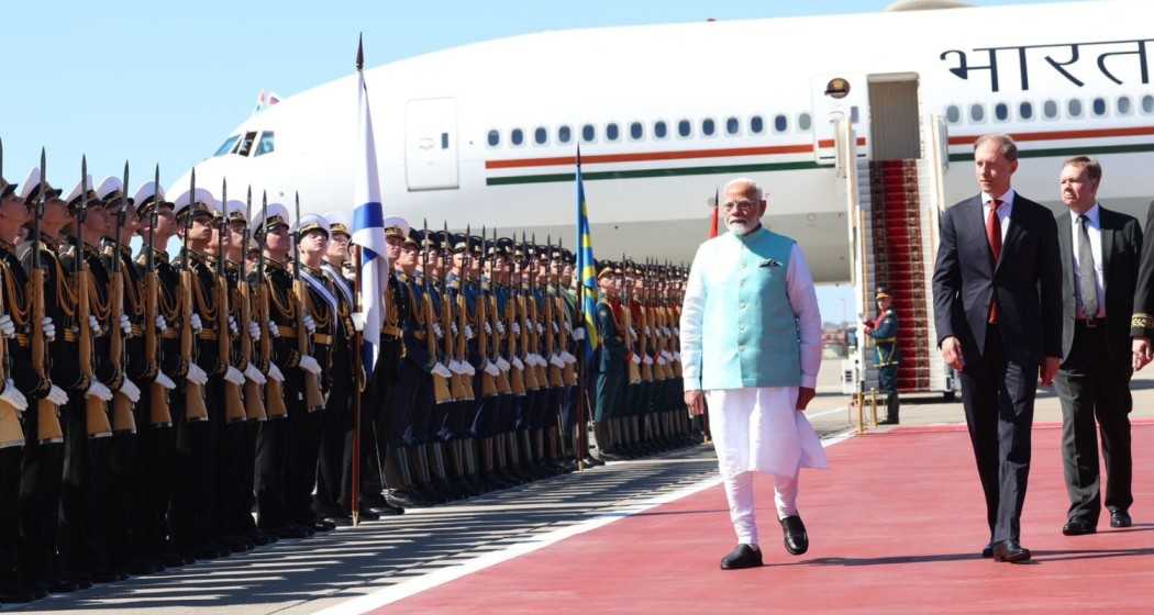 Prime Minister Narendra Modi greeted by Russia's First Deputy Prime Minister Denis Manturov at Moscow's Vnukovo-II airport.