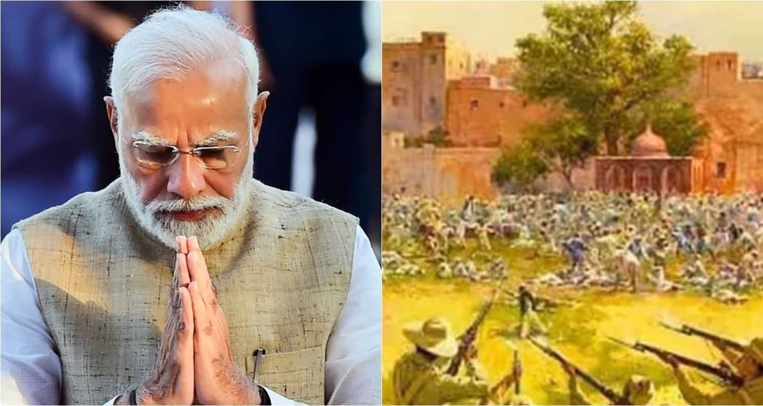 Prime Minister Narendra Modi (left), a representation of the Jallianwala Bagh massacre.