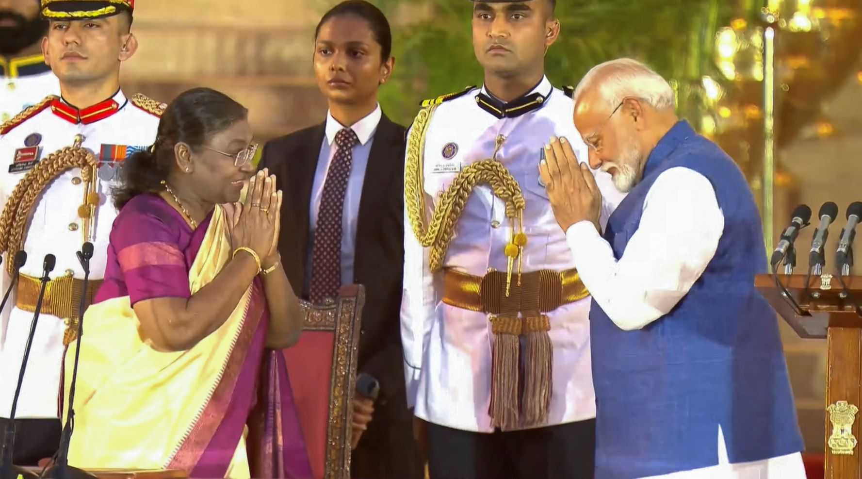 When he took oath as the prime minister for the first time in 2014, Modi had worn a cream linen kurta-pyjama with a beige golden jacket. For his 2019 swearing-in ceremony, the prime minister had chosen a similar ethnic outfit paired with a beige jacket.