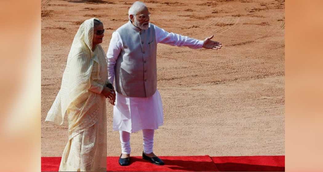 Prime Minister Narendra Modi greets Bangladesh PM Sheikh Hasina during a ceremonial reception at Rashtrapati Bhavan in June this year. 