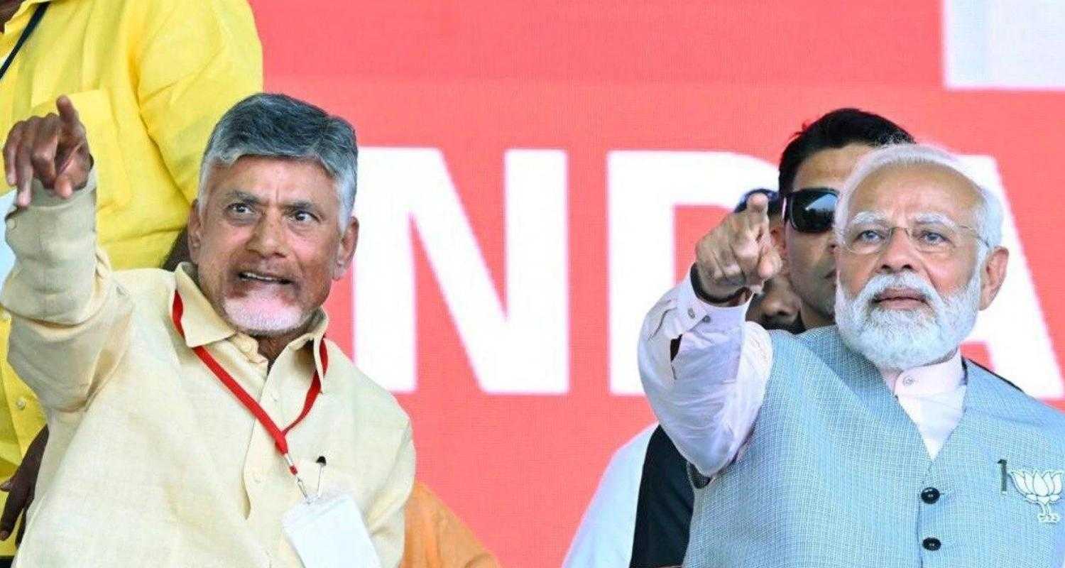 PM Modi and Chandrababu Naidu during an election campaign rally.