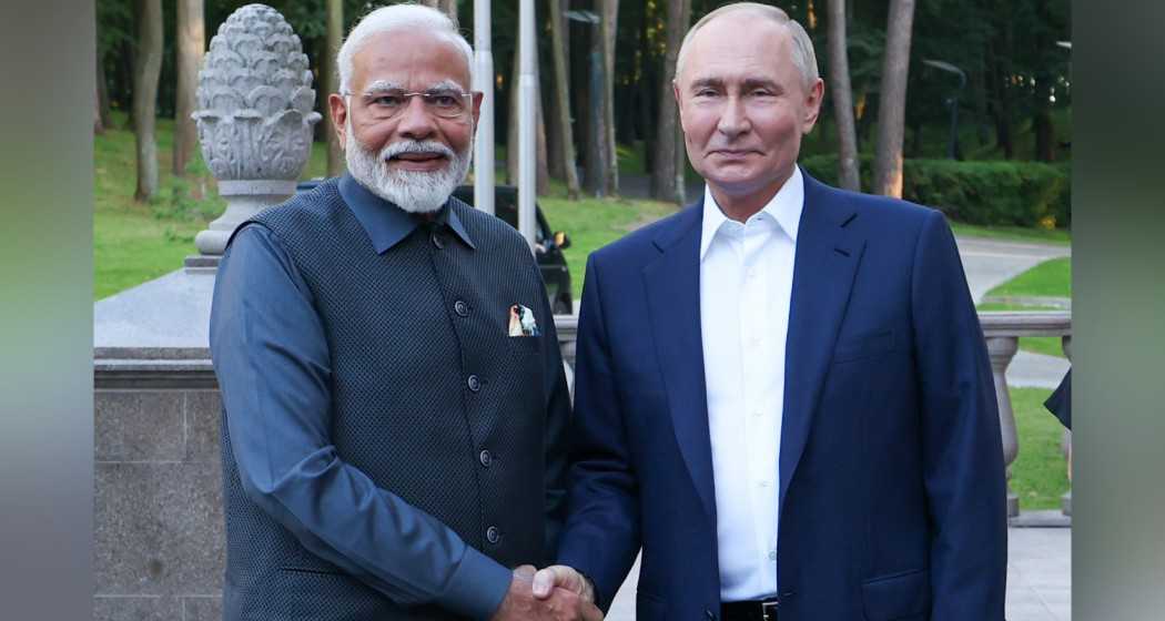 Prime Minister Narendra Modi along with Russian President Vladimir Putin at the Novo-Ogaryovo in Moscow on Monday. 