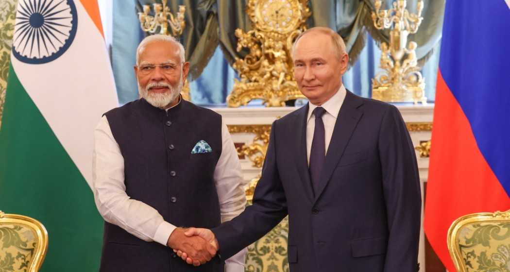 Indian Prime Minister Narendra Modi (L) with Russian President Vladimir Putin (R) in Moscow, Russia on 9 July 2024.