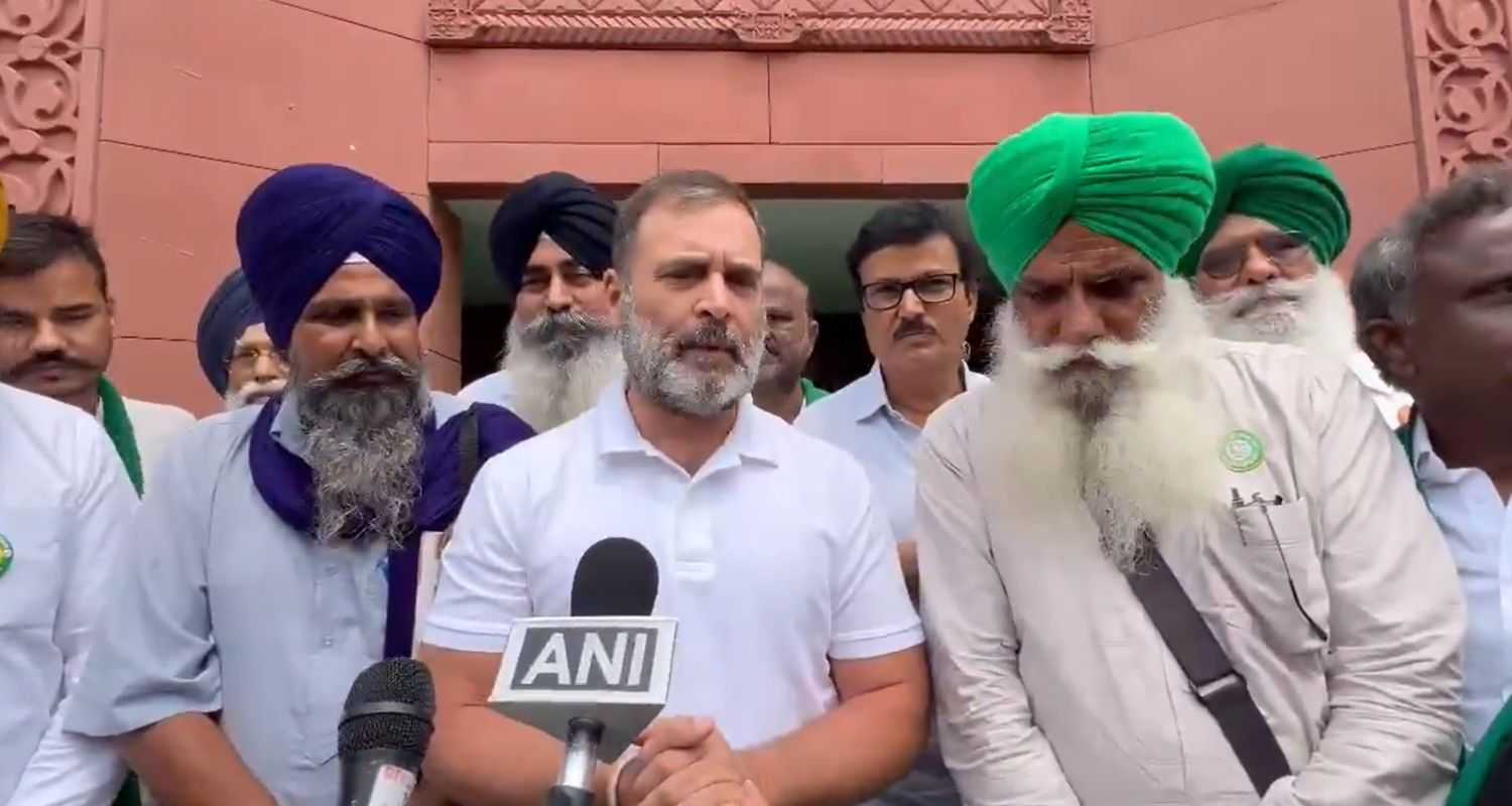 Congress leader Rahul Gandhi addressing reporters at the parliament complex.