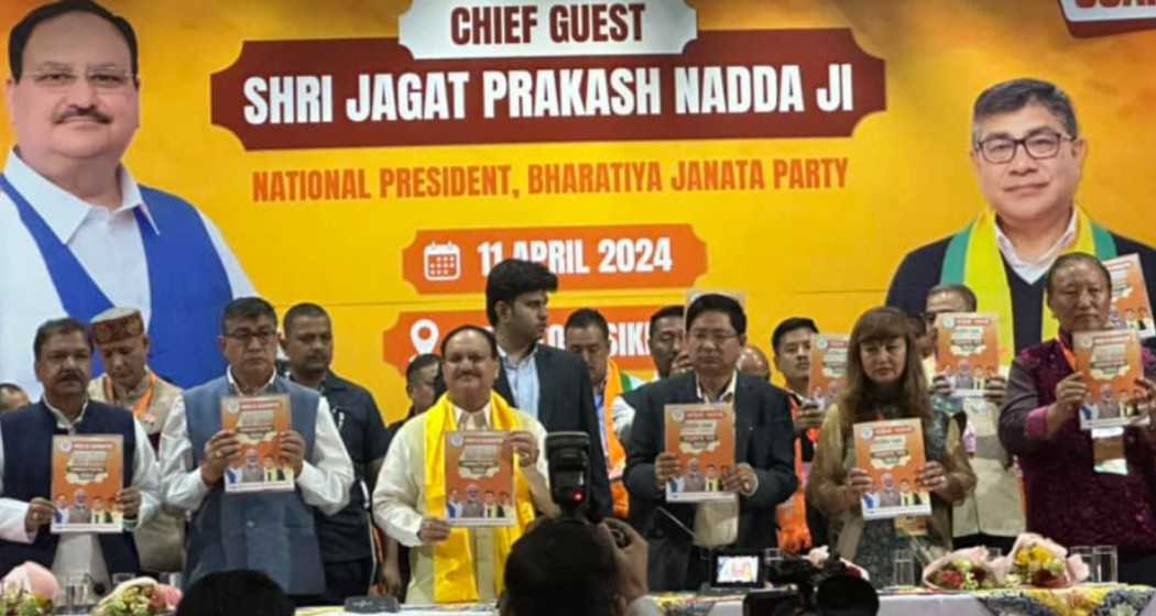 BJP President J P Nadda launching the party's manifesto in Gangtok, Sikkim on Thursday.