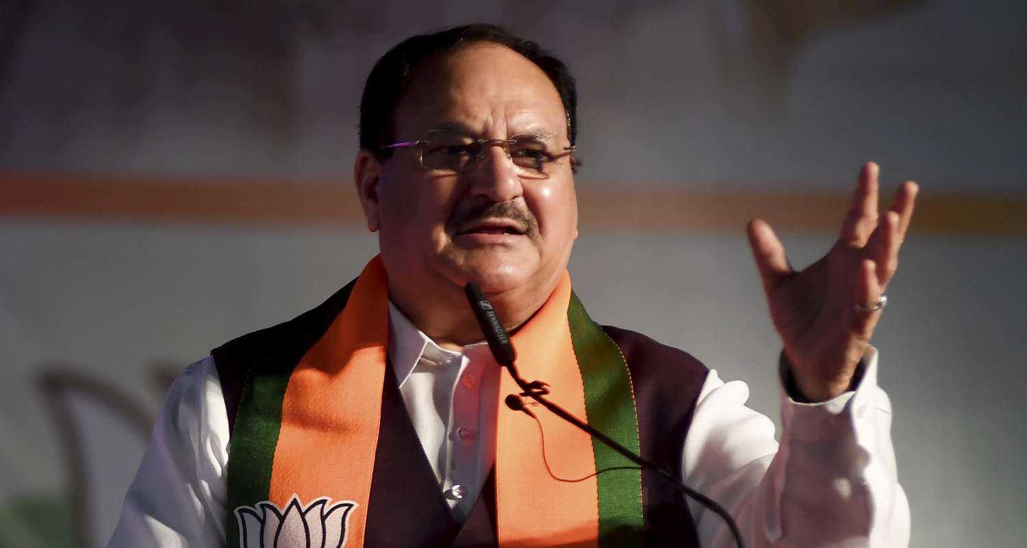 BJP chief JP Nadda speaking at a party rally in Mumbai.