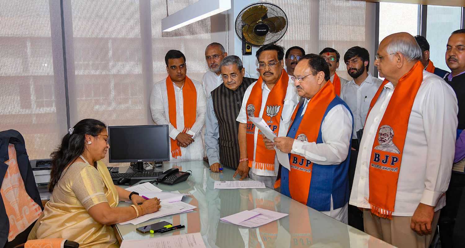 JP Nadda, the Chief of the Bharatiya Janata Party (BJP), accompanied by fellow party leaders, officially submits his nomination in Gujarat.