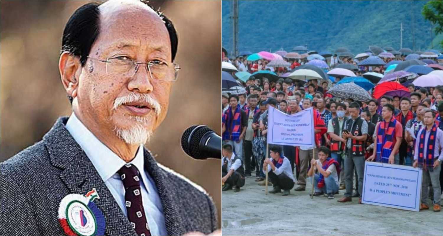 Nagaland Chief Minister Neiphiu Rio (left), people in Tuensang town during a public rally demanding a separate Frontier Nagaland state.