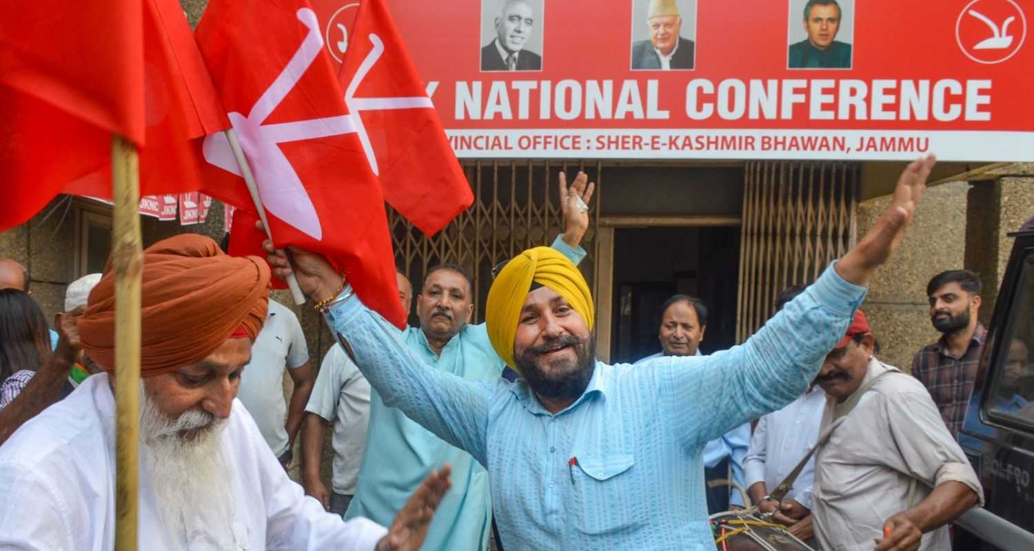 Jammu: National Conference workers celebrate at the party office after party leader Omar Abdullah took oath as Jammu and Kashmir Chief Minister, in Jammu, Wednesday.