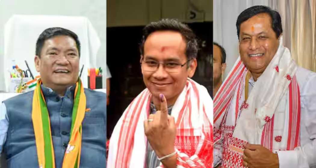 (From right to left) Arunachal Chief Minister and BJP leader Pema Khandu, Congress leader Gaurav Gogoi, Union Minister and BJP leader Sarbananda Sonowal.