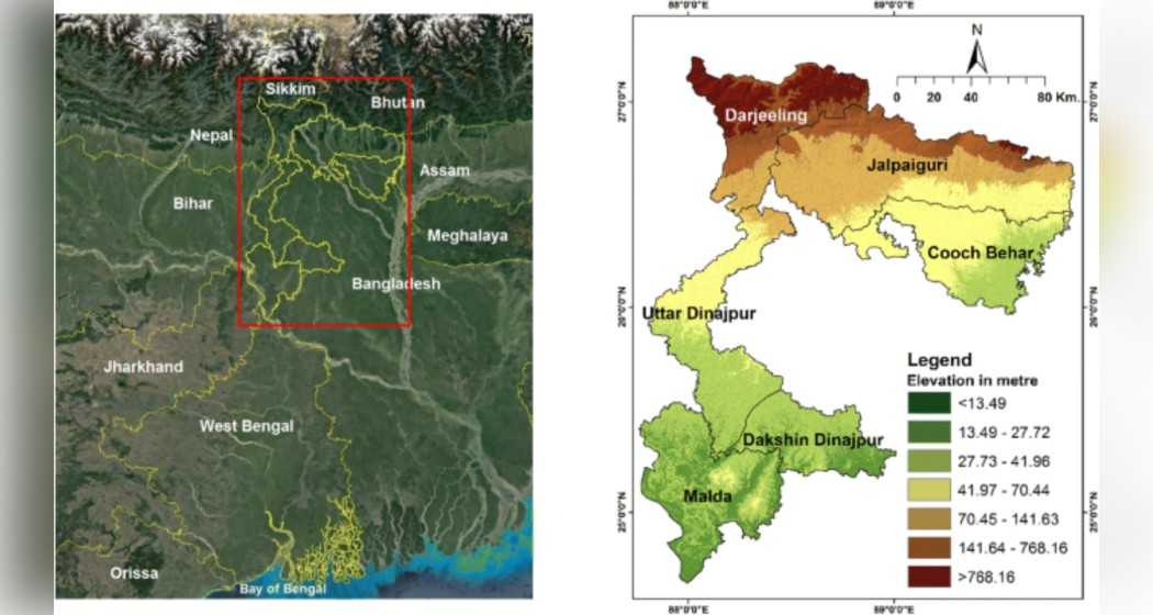 A map depicting the geographic boundaries of North Bengal, highlighting its eight districts: Cooch Behar, Jalpaiguri, Darjeeling, Uttar Dinajpur, Dakshin Dinajpur, Malda, Alipurduar, and Kalimpong. The region shares borders with Nepal, Bhutan, and Bangladesh.