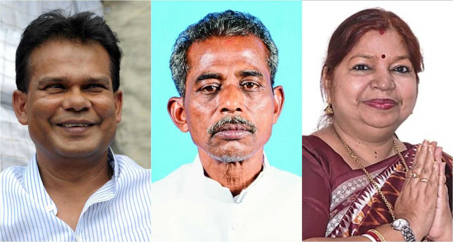 (From left) Former Coal Minister Dilip Ray, a BJP nominee from the Rourkela Assembly segment, BJD's Sanatan Mahakud from Champua and Subasini Jena from Basta. 