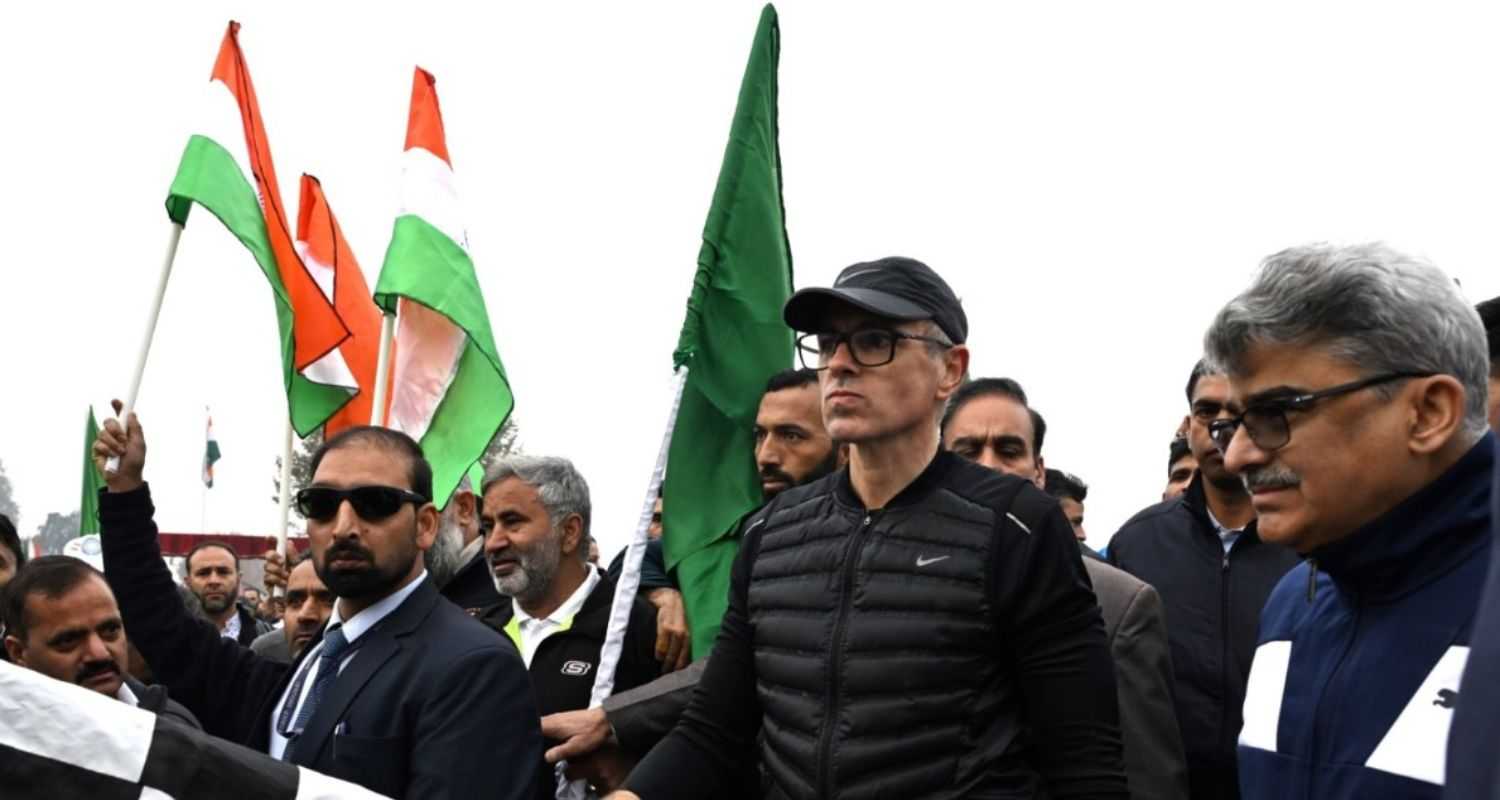 J&K chief minister Omar Abdullah flags off the Run for Unity in Srinagar on Tuesday. Image: X