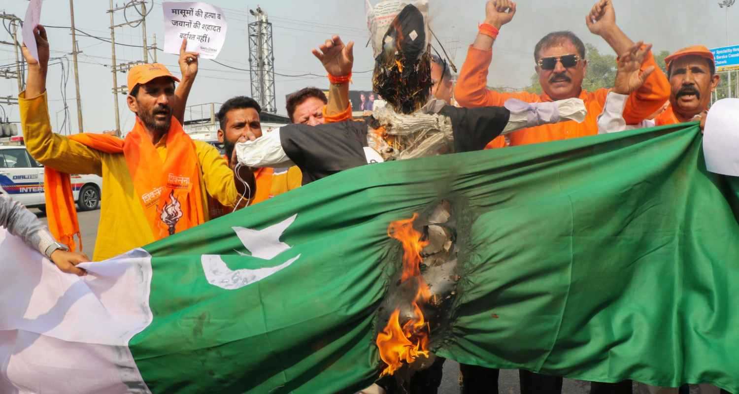  Members of Shiv Sena and Dogra Front stage a demonstration against Pakistan following a terrorist attack in J&K's Ganderbal on Sunday, in Jammu, Monday. 