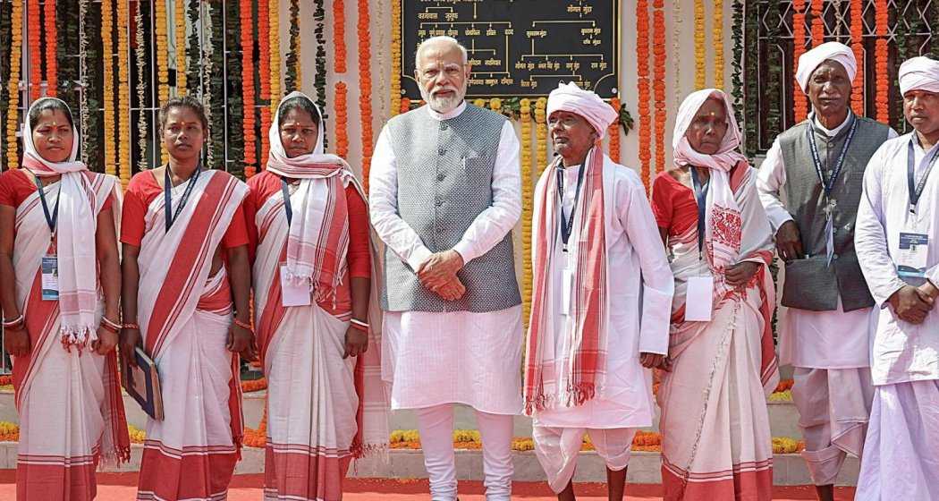 Prime Minister Narendra Modi during a visit to Ulihatu, the birth place of freedom fighter Birsa Munda, in Khunti district, Wednesday, Nov. 15, 2023. 