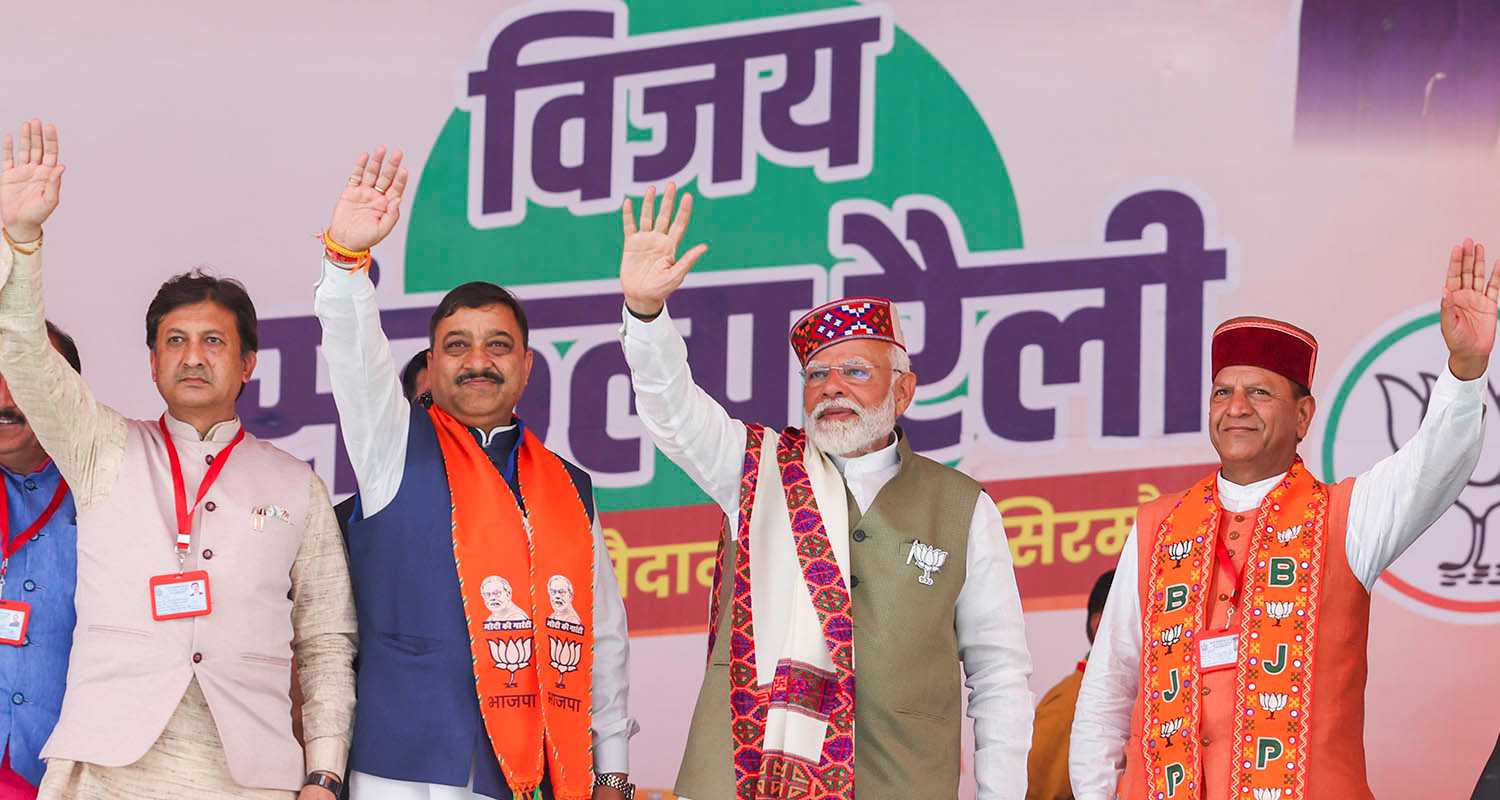 Prime Minister Narendra Modi and Himachal Pradesh BJP President Rajeev Bindal with other party leaders during a public meeting for Lok Sabha elections, in Sirmaur district, Friday. 