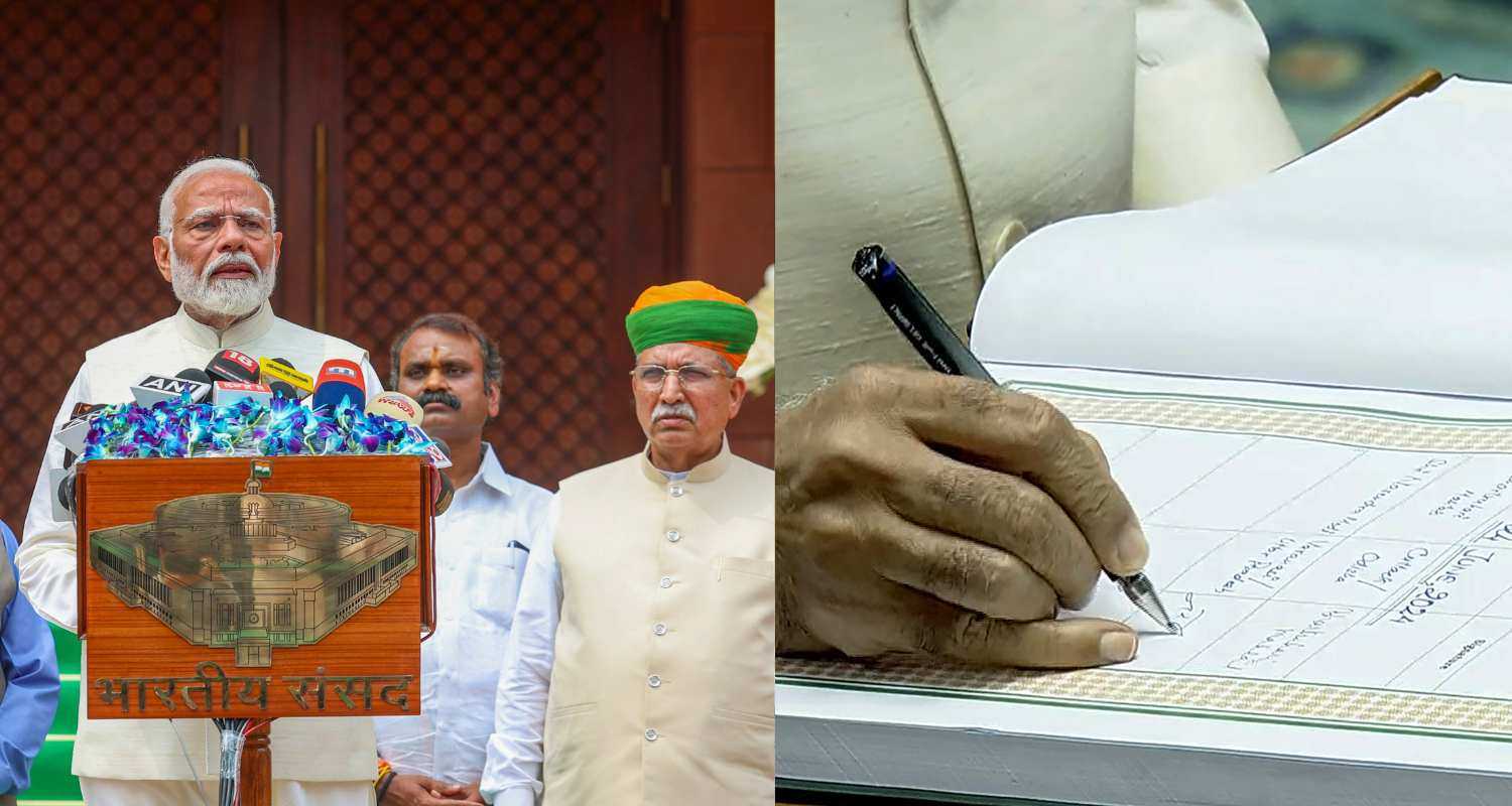 Prime Minister Narendra Modi along with Union Parliamentary Affairs Minister Kiren Rijiju and Ministers of State Jitendra Singh, Arjun Ram Meghwal and L Murugan addresses the media at the Parliament House complex on the first day of the first session of the 18th Lok Sabha (lefft), and Prime Minister Narendra Modi signs a register after taking oath (right). 