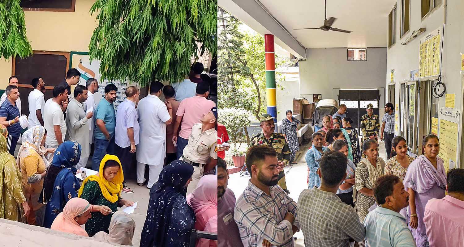 Voters wait in queues at a polling station to cast their votes during the Nalagarh assembly bypoll, in Solan district of Himachal Pradesh (left), and Voters stand in queues at a polling station to cast their votes during the Jalandhar West assembly bypoll. 