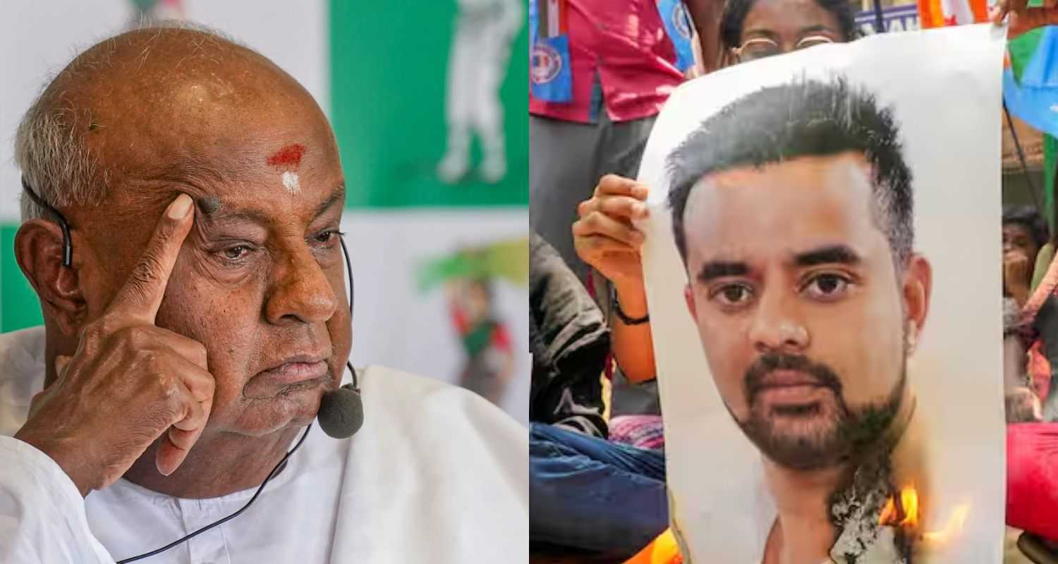 H D Deve Gowda (left), NSUI burning Prajwal's poster (right). 