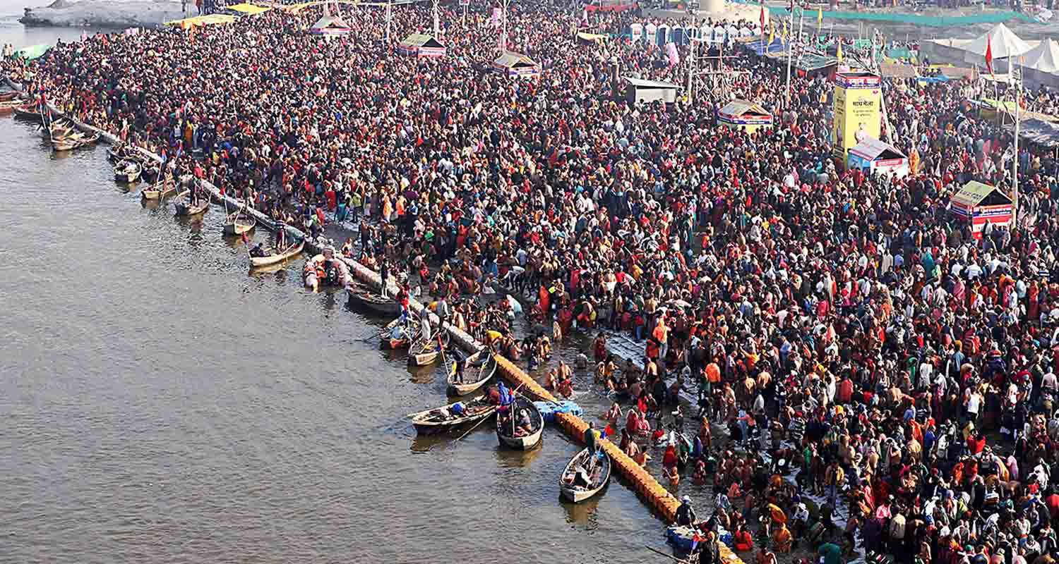 An aerial view of devotees taking a holy dip in the Ganga river on the occasion of Mauni Amavasya during the annual religious ‘Magh Mela’ festival, in Prayagraj on Friday.